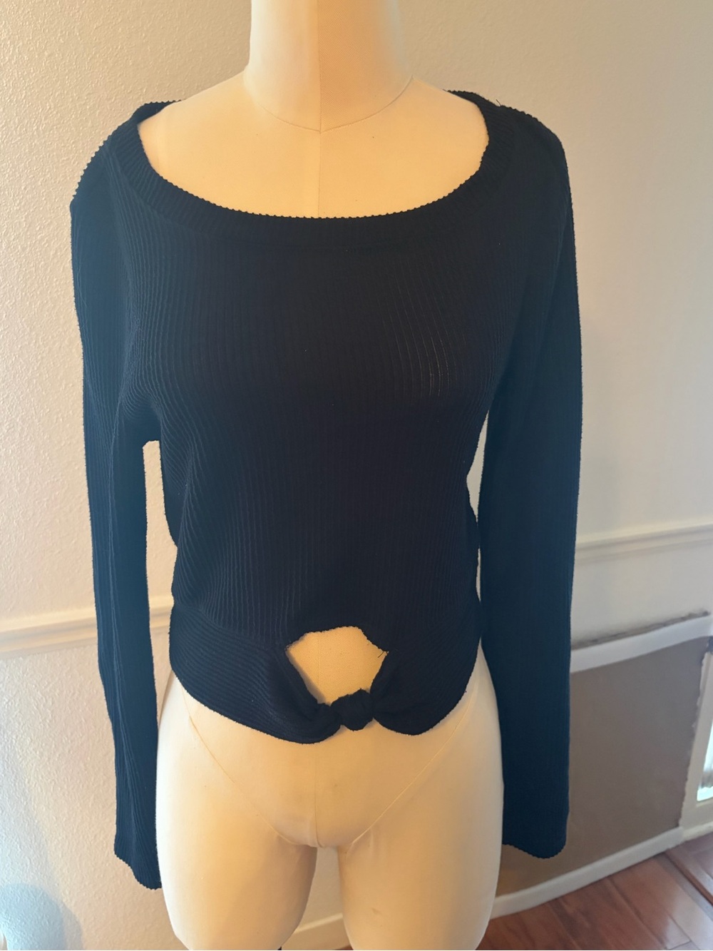 Hollister Black Ribbed Scoop-Neck Sweater with Front Knot